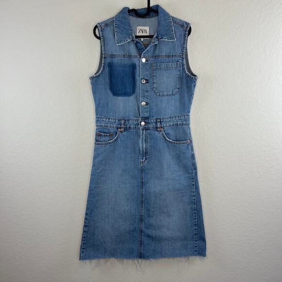 Zara Denim Button Front Collar Danielle Midi Dress Small Western Coastal Cowgirl - Picture 2 of 8